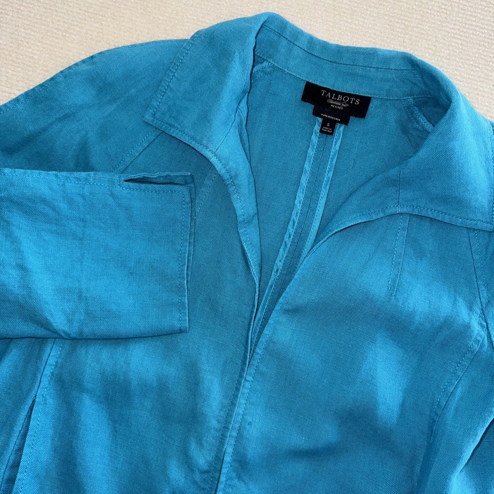 Talbots Jacket Women SP Turquoise Pure Irish Linen Open Front Collared Blazer